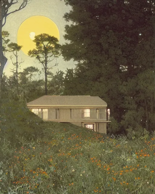 Prompt: a suburban house, 1 9 7 0 s, seventies, delicate embellishments, a little blood, woodland, moonlight shining on wildflowers, painterly, offset printing technique, by alexandre cabanel