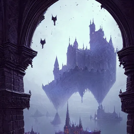 Prompt: floating flying castle with gothic architecture and swarms of tiny black specks, by Greg Rutkowski and Raphael Lacoste, detailed, volumetric lighting, dusk