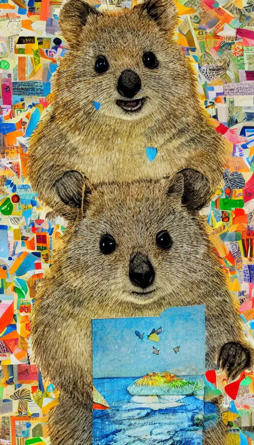 Prompt: detailed illustration, a portrait of a happy quokka on rotttnest island constructed from colored paper, collage, may gibbs, layered composition, layers, texture, textured, layered, sculpted, dynamic, 🦋, 🌱,