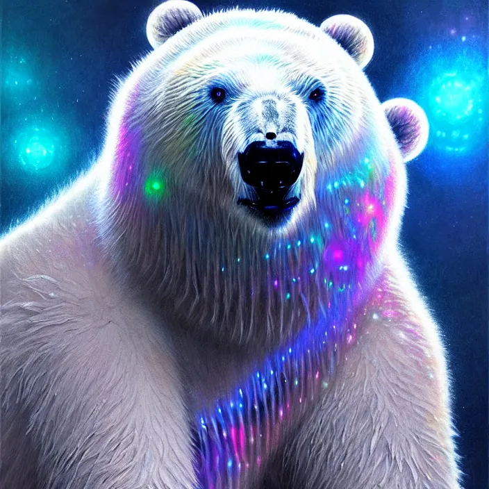 Image similar to bright psychedelic fluffy hairy cyborg polar bear, diffuse lighting, fantasy, intricate, elegant, highly detailed, lifelike, photorealistic, digital painting, artstation, illustration, concept art, smooth, sharp focus, art by John Collier and Albert Aublet and Krenz Cushart and Artem Demura and Alphonse Mucha