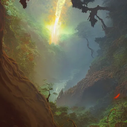 Image similar to A lava river flowing through the amazon jungle, anato finnstark, james gurney, greg rutkowski, john howe, artstation, dramatic