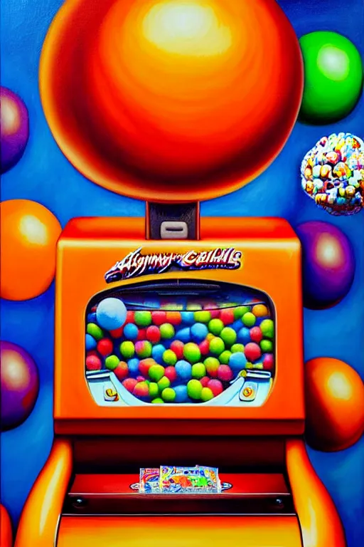 Image similar to a hyperrealistic painting of a gross gum ball machine with ugly prizes, cinematic horror by jimmy alonzo, the art of skinner, chris cunningham, lisa frank, richard corben, highly detailed, vivid color,