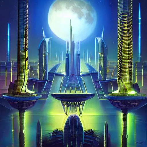Prompt: full moon over futuristic city of light synthwave bright neon colors highly details cinematic vladimir kush, philippe dru, roger deal, michael whelan,