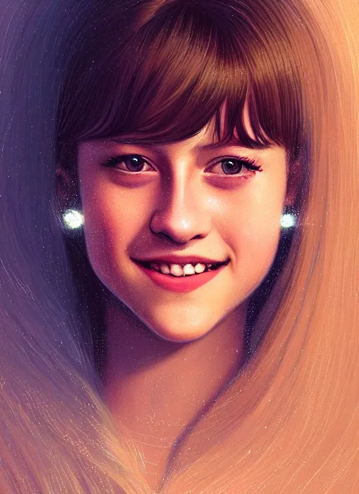 Prompt: portrait of teenage lili reinhart with bangs, smiling kindly, bangs, 1 9 6 0 s, ponytail, bangs and ponytail, intricate, elegant, glowing lights, highly detailed, digital painting, artstation, concept art, smooth, sharp focus, illustration, art by wlop, mars ravelo and greg rutkowski