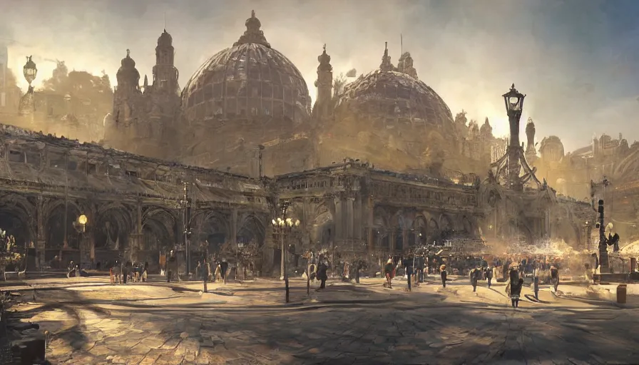 Prompt: craig mullins digital illustration of world's columbian exposition, strong contrast, sunny morning, raking light, unreal engine, hyper realism, realistic shading, cinematic composition, realistic render, octane render, detailed textures, photorealistic, wide shot