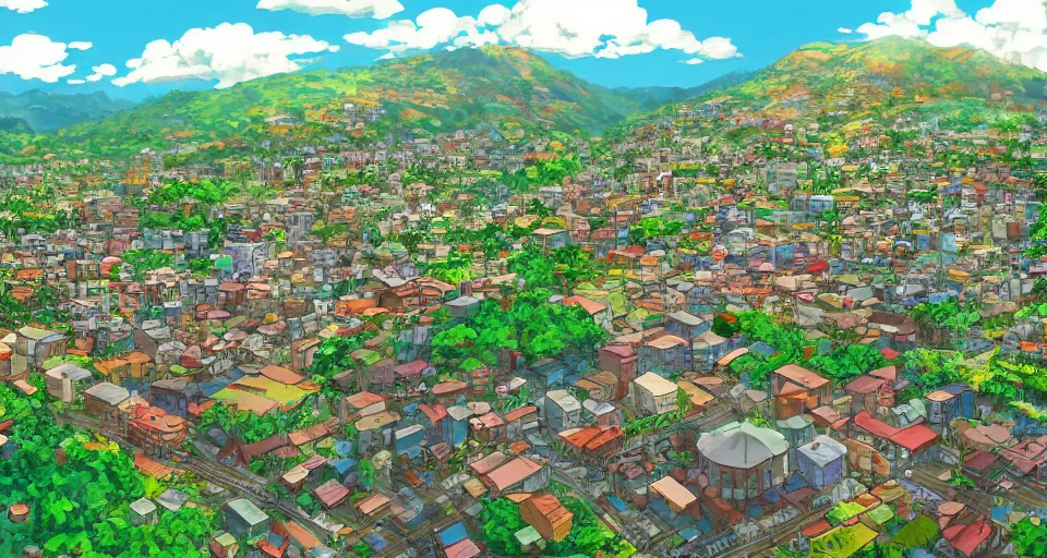 Image similar to City of Armenia Quindio, Artwork by Studio Ghibli, official media, concept art, 8k, pixiv, high definition, wallpaper, hd, digital artwork