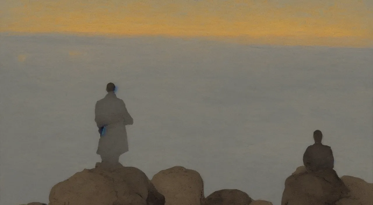 Prompt: isaac levitan painted style a lonely silhouette of a meditating monk sitting in the fog on a stone protruding from the water in the rays of the morning sun