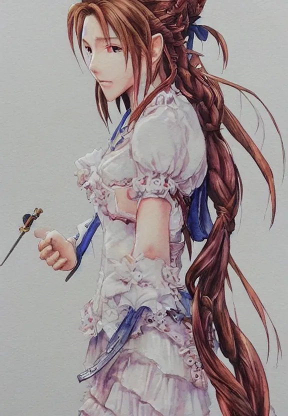 Image similar to a full - body watercolor painting of aerith gainsborough!!!!!! by yoshitaka amano, highly detailed, intricate, trending on artstation, award - winning