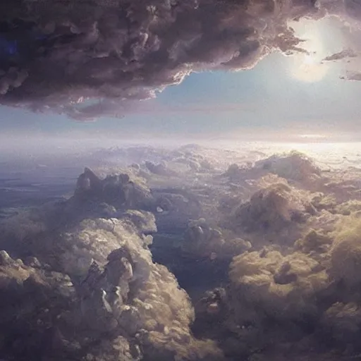 Prompt: islands in an ocean of clouds populated by an ancient civilization, oil painting, by greg rutkowski