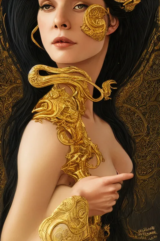 Image similar to fullbody!! of a beautiful woman with long black hair, big natural horns on her head, flowing intricate dress, gold jewellery, dnd, face, fantasy, intricate, elegant, highly detailed, digital painting, artstation, concept art, smooth, sharp focus, illustration, art by artgerm and greg rutkowski and alphonse mucha