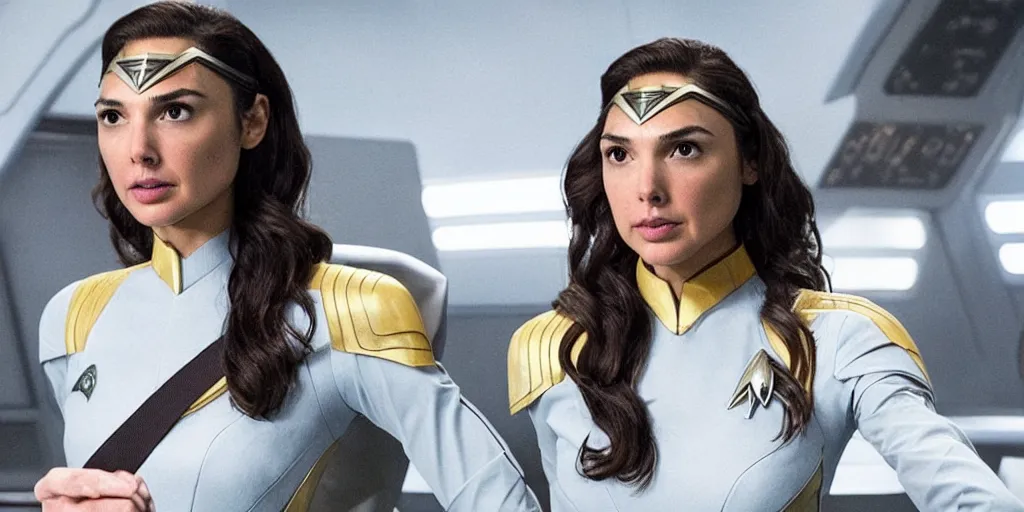 Image similar to Gal Gadot, in full starfleet uniform, is the captain of the starship Enterprise in the new Star Trek movie