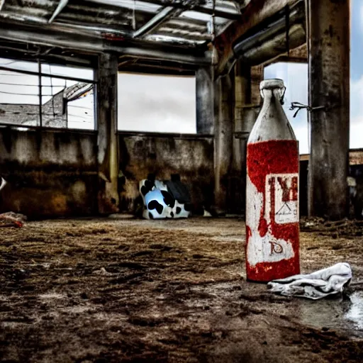 Image similar to dirty bottle of milk and a cow inside rusted slaughterhouse