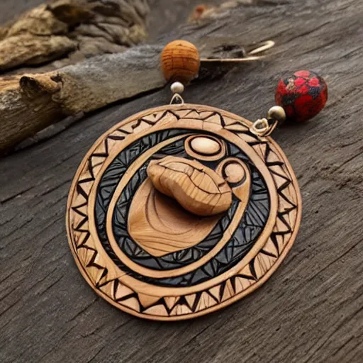 Image similar to wood carved jewelry inspired by the Haida Gwaii totems, high detail, product photo