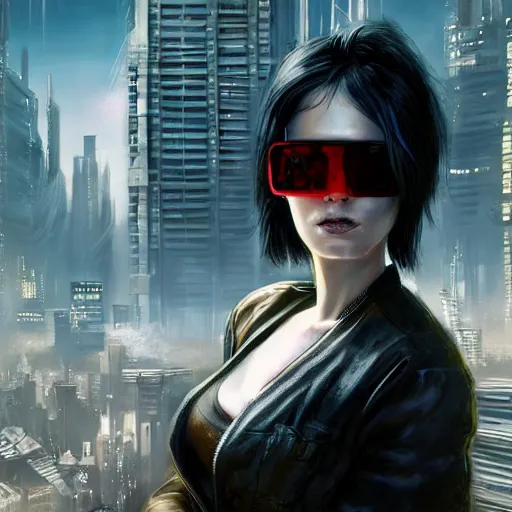 Prompt: cyberpunk, portrait of a beautiful cyberpunk woman, sunglasses, shag hair, cyberpunk city background, megacity, gorgeous view, dramatic light, depth, high detail, digital art, movie promotional art, painted by seb mckinnon, painted by greg rutkowski, neuromancer, trending on artstation