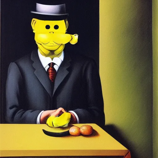 Prompt: ape in suit and bowler hat holding banana oil painting magritte