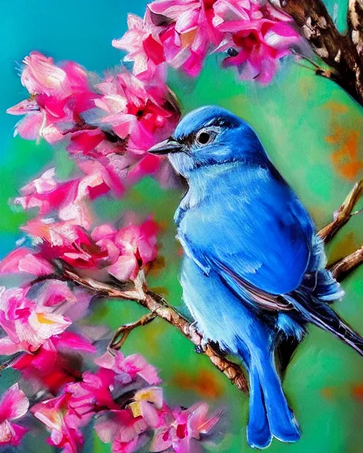 Prompt: A hyper realistic oil painting of a bluebird sitting on a branch, blooming flowers on the branch, vibrant high contrast colors, cinematic lighting