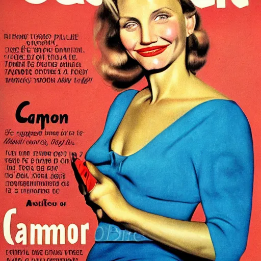 Image similar to Cameron Diaz portrait, color vintage magazine illustration 1950