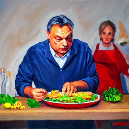 Prompt: viktor orban cooking, oil painting