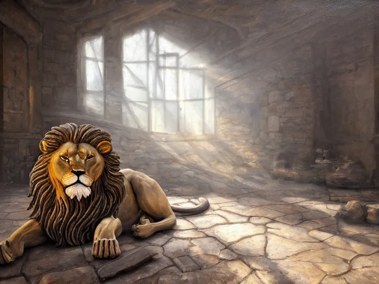 Image similar to expressive rustic oil painting, a stone workshop with in the center an impressive large statue of a lion, dust, ambient occlusion, morning, rays of light coming through windows, dim lighting, brush strokes oil painting