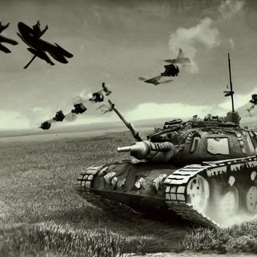 Image similar to black and white photo Dragons in Battle of Kursk WWII, dragons flying, tanks