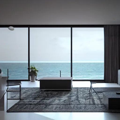 Prompt: contemporary villa interior, living room with a view of the sea, photorealistic, cinematic, volume light, rendered in octane, artstation