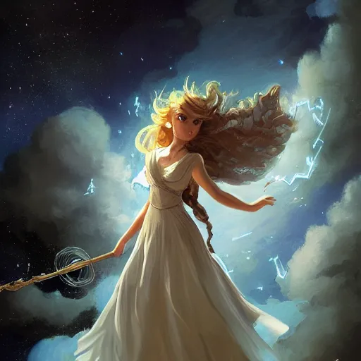 Image similar to The conceptual art features a woman with wings made of stars, surrounded by a blue and white night sky. The woman is holding a staff in one hand, and a star in the other. She is wearing a billowing white dress, and her hair is blowing in the wind. by Andreas Rocha random