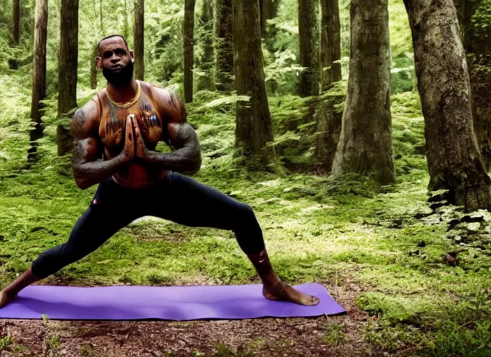 Image similar to lebron james doing yoga in the forest, film still in the new batman movie, 4 k