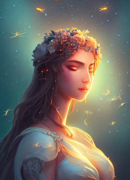 Image similar to a goddess of the night surrounded by fireflies, highly detailed, artgerm style, artstation, soft light, sharp focus, illustration, character design, concept art