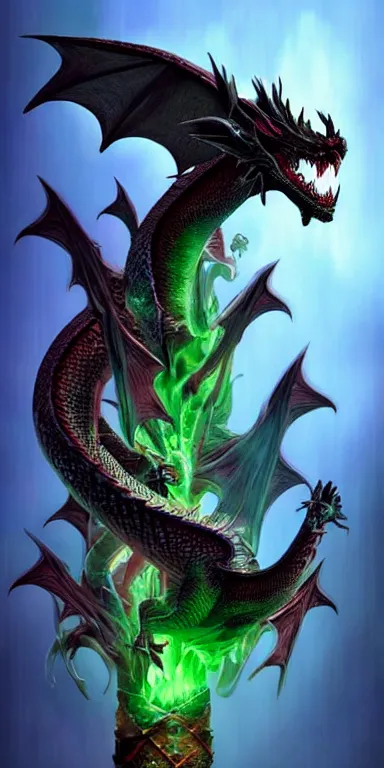 Image similar to 3D draconic staff, dragon staff,((((((((((((((dragon head))))))))))))))) on top of the staff, ((((dragon head)))) on top of the magic staff!!!!!!!!!!, glowing draconic staff, epic fantasy style art, fantasy epic digital art, epic fantasy weapon art, wallpaper style art