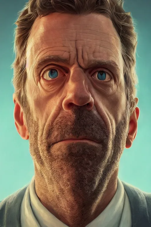 Prompt: cinematic portrait of Dr House. Centered, uncut, unzoom, symmetry. character illustration. Surreal render, ultra realistic, zenith view. Polished. Inspired by patricio clarey, heidi taillefer scifi painter glenn brown. Extremely ornated. artstation, cgsociety, unreal engine, ray tracing, detailed illustration, hd, 4k, digital art, overdetailed art. Dslr, tiltshift, dof. 64megapixel. complementing colors. Trending on artstation, deviantart,