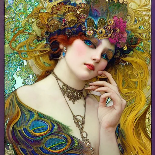 Prompt: realistic detailed face portrait of an otherworldly fairy tale Peacock Goddess with colorful feathers and ornate jewels in her hair by Alphonse Mucha, Ayami Kojima, Amano, Charlie Bowater, Karol Bak, Greg Hildebrandt, Jean Delville, and Mark Brooks, Art Nouveau, Neo-Gothic, gothic, rich deep jewel colors