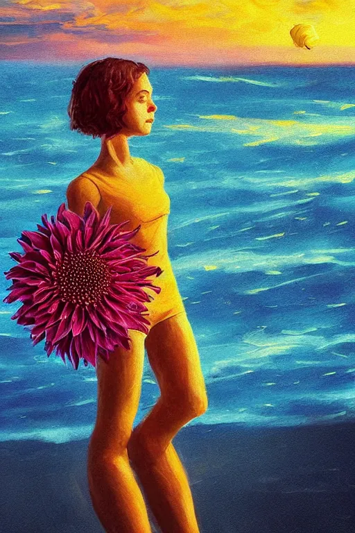 Image similar to closeup giant dahlia flower head, girl standing on beach, surreal photography, blue sky, sunrise, dramatic light, impressionist painting, digital painting, artstation, simon stalenhag