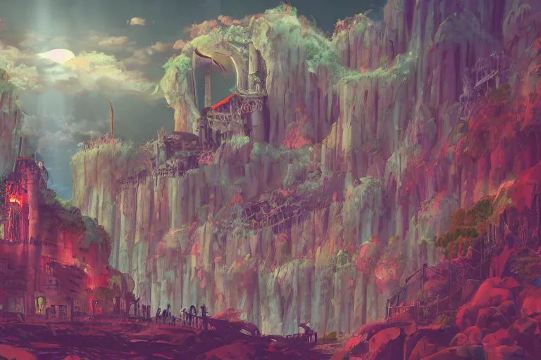 Image similar to cult ritualist citadel deep within the pits of hell. 4 k digital paint by studio ghibli hayao miyazaki. vivid colours, vaporwave lighting style, very sharp and detailed. trending on artstation and behance.