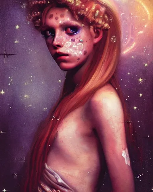 Image similar to a beautiful and eerie baroque painting of a gorgeous young woman in dead space, with wild blonde hair and haunted eyes and freckles, 1 9 7 0 s, seventies, space station, neon light showing injuries, delicate ex embellishments, painterly, offset printing technique