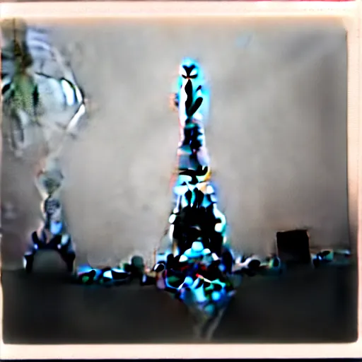 Image similar to extensive smoke rising from the top of the eiffel tower, aerial view, several police cars and crowds running across the ground, polaroid, 6 0's, hyperrealism, no blur, 4 k resolution, ultra detailed