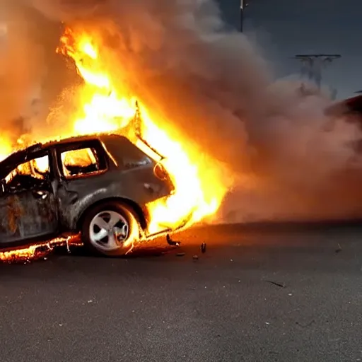Prompt: A still of a destroyed car on fire, slow motion flames