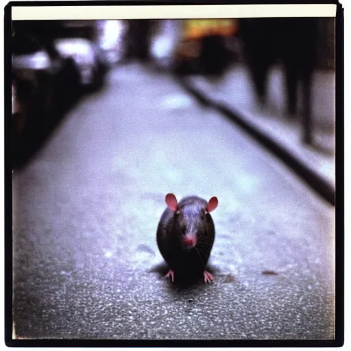 Prompt: wide-shot very low-angle eyesight photo of a rat at the street in New York, polaroid photo, by Andy Warhol, signed