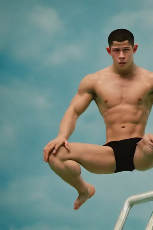 Image similar to close up still shot of young nick jonas standing on the diving board, summer olympics footage, 3 5 mm, highly detailed, disney channel original movie, dynamic lighting, subject centered in photo, octane render