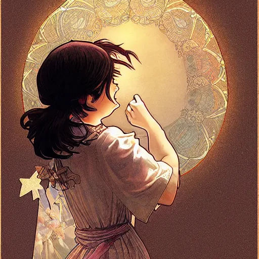 Image similar to girl watching watching fireworks on a hill, digital art, by range murata, akiyuki shinbou, alphonse mucha, highly detailed, realistic, cinematic