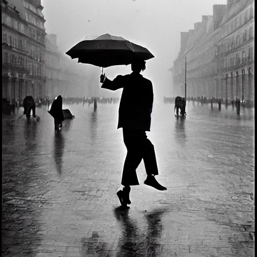 Image similar to the man leaping with an umbrella in a raining paris street, by henri cartier bresson,