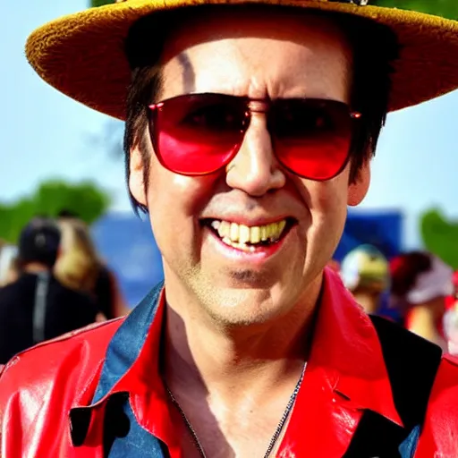 Prompt: Nicholas cage as luffy cosplay at a convention, selfie