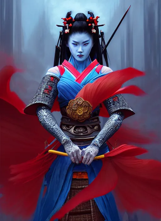 Prompt: cinematic concept movie scene of a wrathful samurai warrior woman dressed in red holding a lotus flower killing street thugs dressed in blue garb, cinematic scene, intricate, elegant, highly detailed, lotus flower, digital painting, artstation, concept art, smooth, sharp focus, illustration, art by artgerm and greg rutkowski and alphonse mucha and wlop