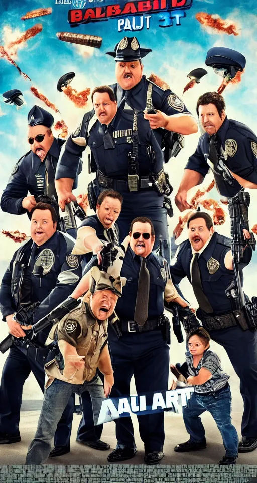 Image similar to movie poster for paul blart 3 : more mall more cop, action, thriller, directed by michael bay