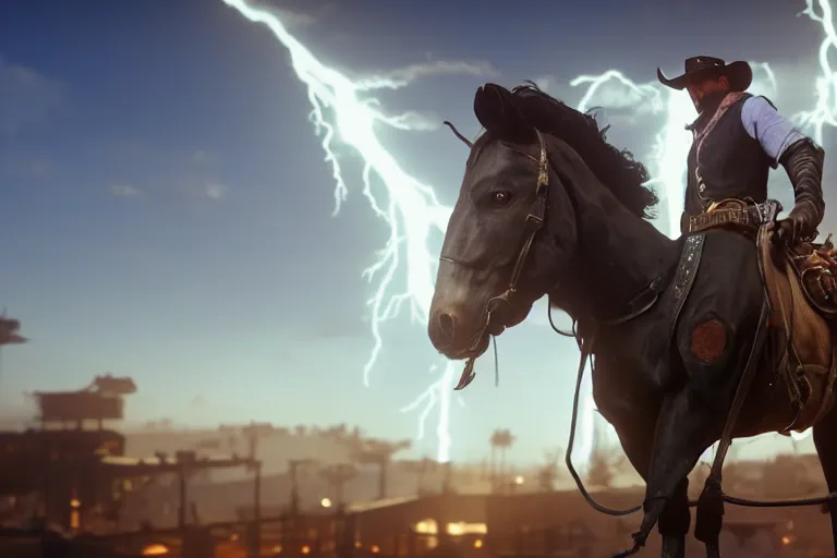 Prompt: photo from shoulder of a cowboy, riding a steampunk horse, on a futuristic shopping mall, cinematic lightning, ray tracing, unreal engine 5, photorealistic, 8 k, uhd, 4 k, red dead redemption 2 game concept, extremely detailed, beautiful, elegant, intricate, foggy, in - game footage