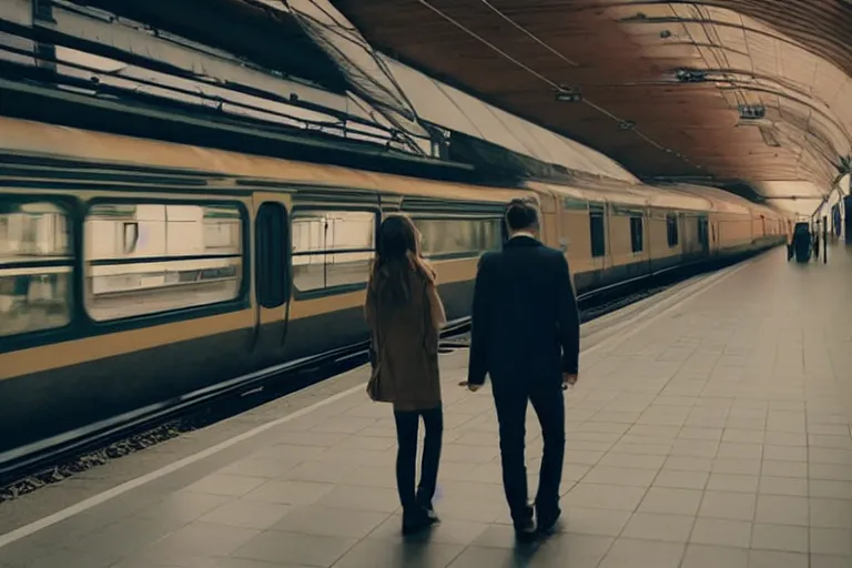 Image similar to vfx movie couple in a train station flat color profile low - key lighting cinematography