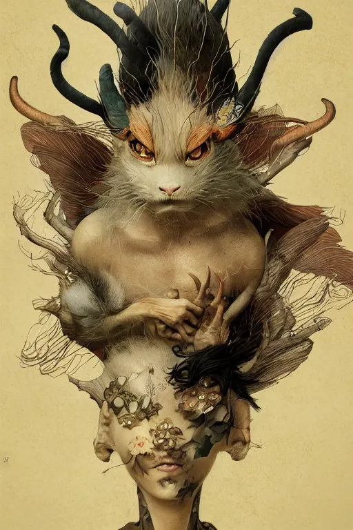 Image similar to a portrait of a japanese devil animal illustrated by miyazaki by karol bak, james jean, tom bagshaw, rococo, sharp focus, trending on artstation, cinematic lighting, hyper realism, octane render, 8 k, hyper detailed, vivid, ultra detailed, highly detailed