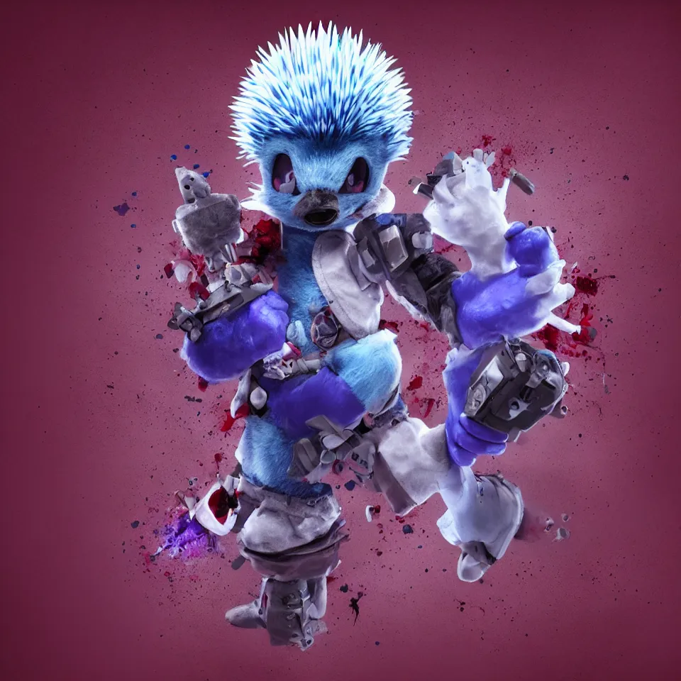 Prompt: anthropomorphic blue bipedal hedgehog with purple eyes and white bloody gloves and red shoes and purple edge quills in red static cursed trending artstation horror 4 k hd detailed