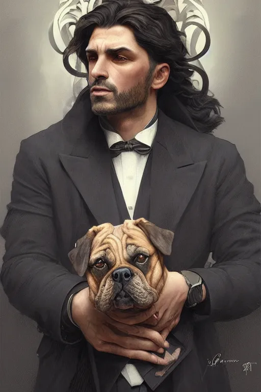 Prompt: portrait illustration of a dog as a italian mafia leader, intricate, elegant, highly detailed, digital painting, artstation, concept art, smooth, sharp focus, illustration, art by artgerm and greg rutkowski and alphonse mucha and william - adolphe bouguereau