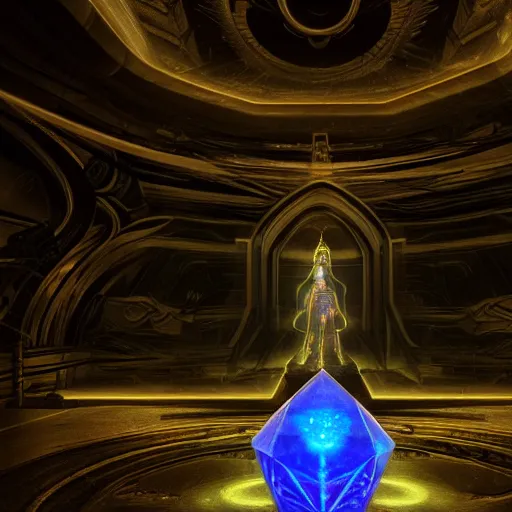 Image similar to A space wizard stand in front of giant, glowing crystal sits in the center of a dark room, Strange symbols line the walls, and a soft light glows from somewhere deep within the room, highly detailed, digital photo, HDRI, by christopher bretz and kael ngu, vivid colors, high contrast, 8k resolution, intricate, photorealistic, smooth, psychedelic color scheme, concept art, award winning, behance contest winner