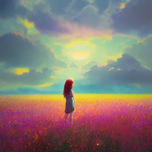 Image similar to girl with a flower face, surreal photography, bizzare, dreamlike, standing in flower field, in a valley, sunrise dramatic light, impressionist painting, colorful clouds, artstation, simon stalenhag